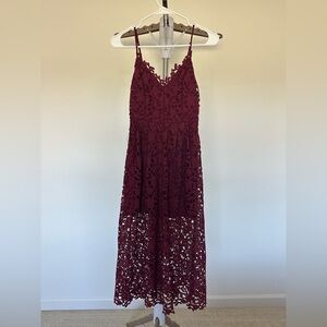 ASTR Wine Lace A-line Midi Dress with Spaghetti Straps